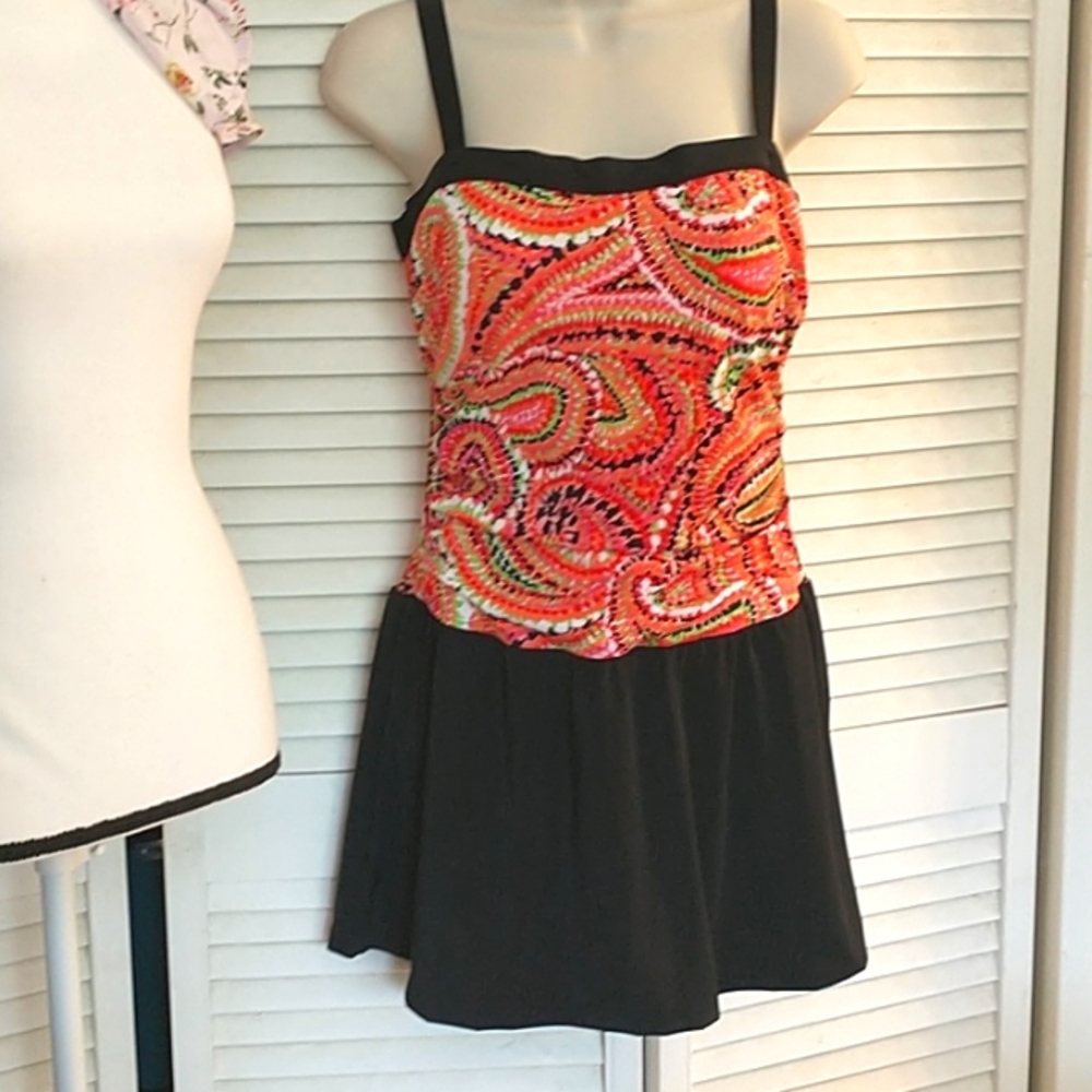 Bathing suit multicolored top black skirt. Size 12 & 14